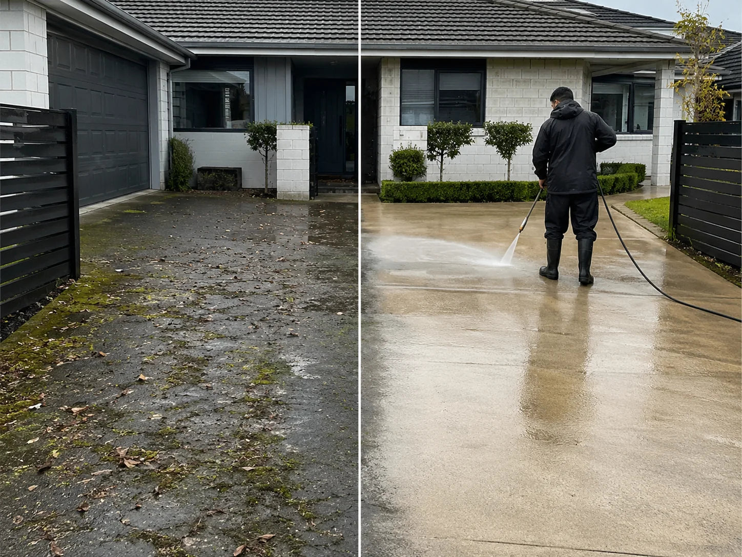 Representative driveway cleaning before and after