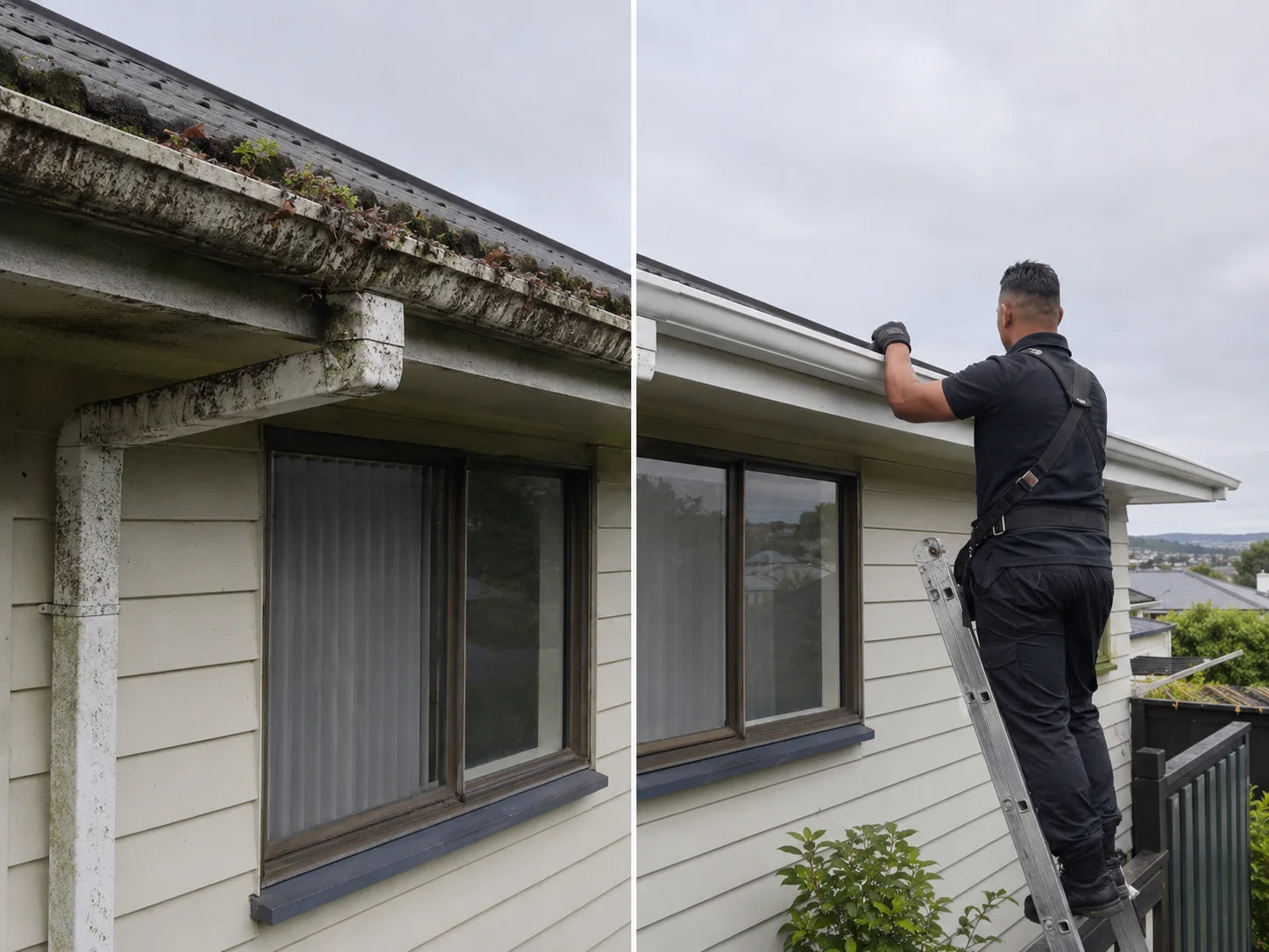 Representative gutter cleaning before and after